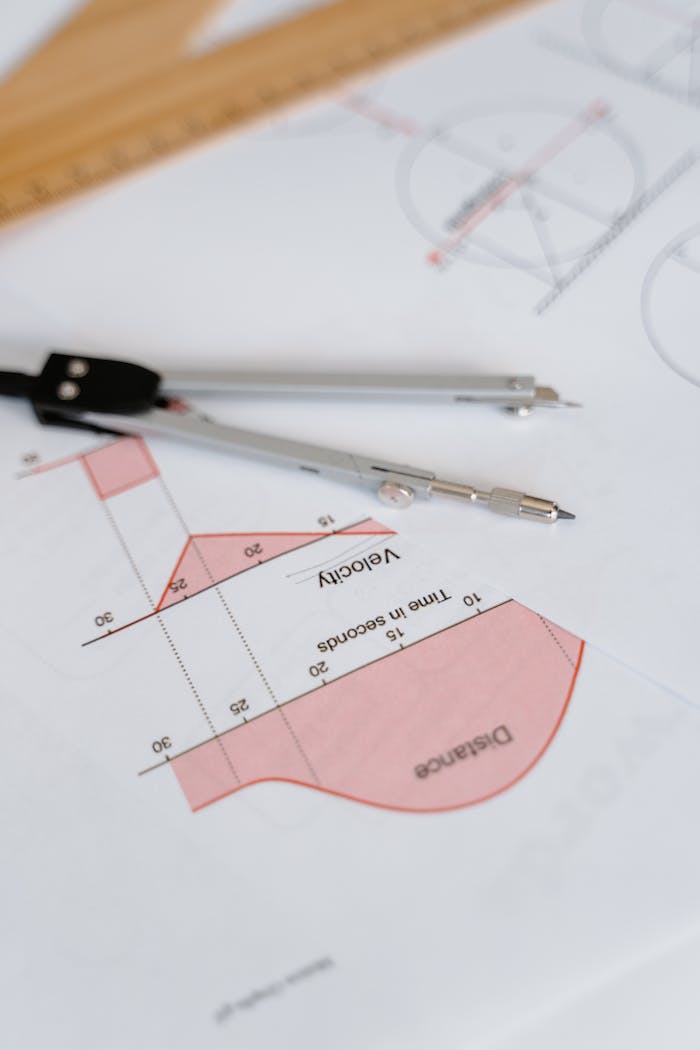 Close-up of a compass on graph paper with charts, symbolizing drafting and design.